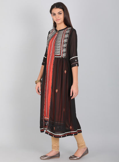 Black Mandarin Neck Printed kurta - wforwoman