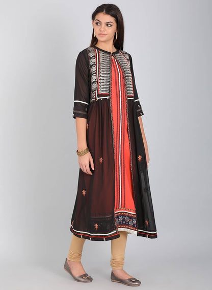 Black Mandarin Neck Printed kurta - wforwoman