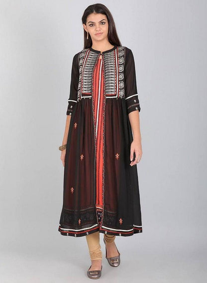 Black Mandarin Neck Printed kurta - wforwoman