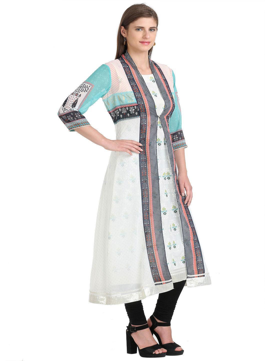 White Floral Print Sleeveless kurta With Gillet - wforwoman