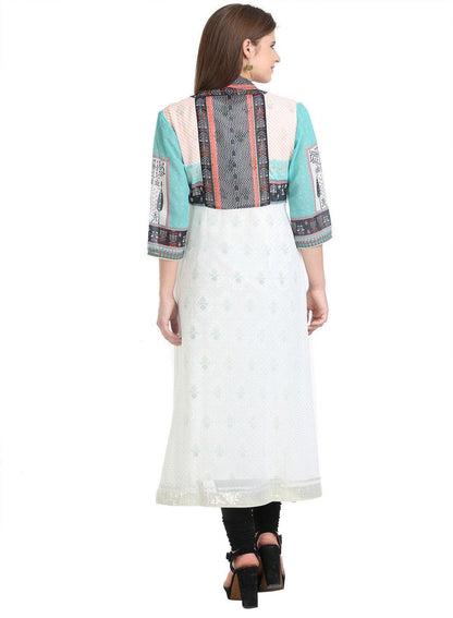 White Floral Print Sleeveless kurta With Gillet - wforwoman