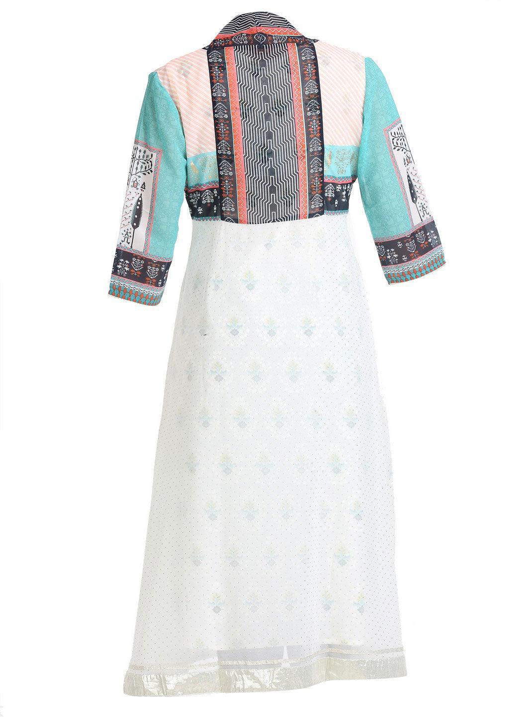 White Floral Print Sleeveless kurta With Gillet - wforwoman