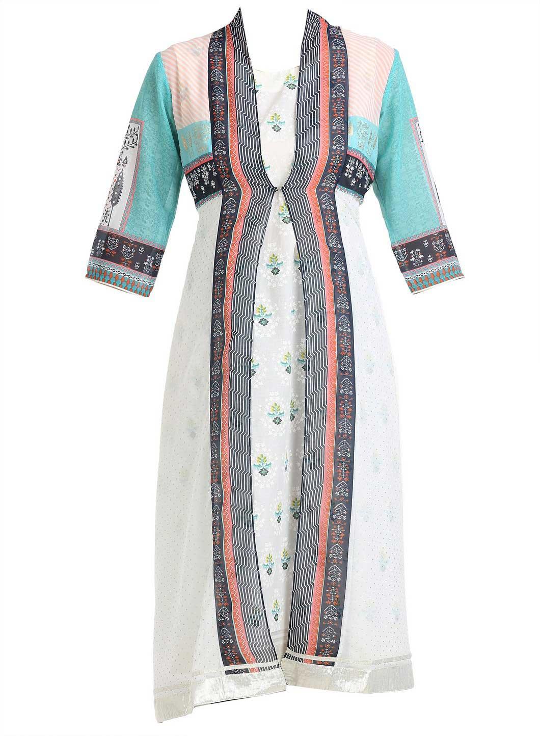 White Floral Print Sleeveless kurta With Gillet - wforwoman