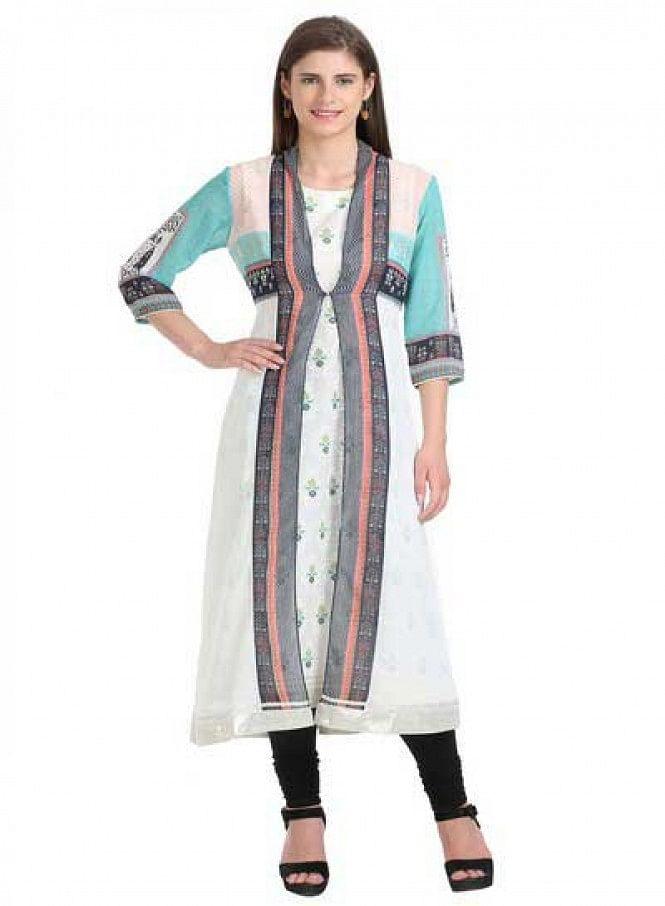 White Floral Print Sleeveless kurta With Gillet - wforwoman