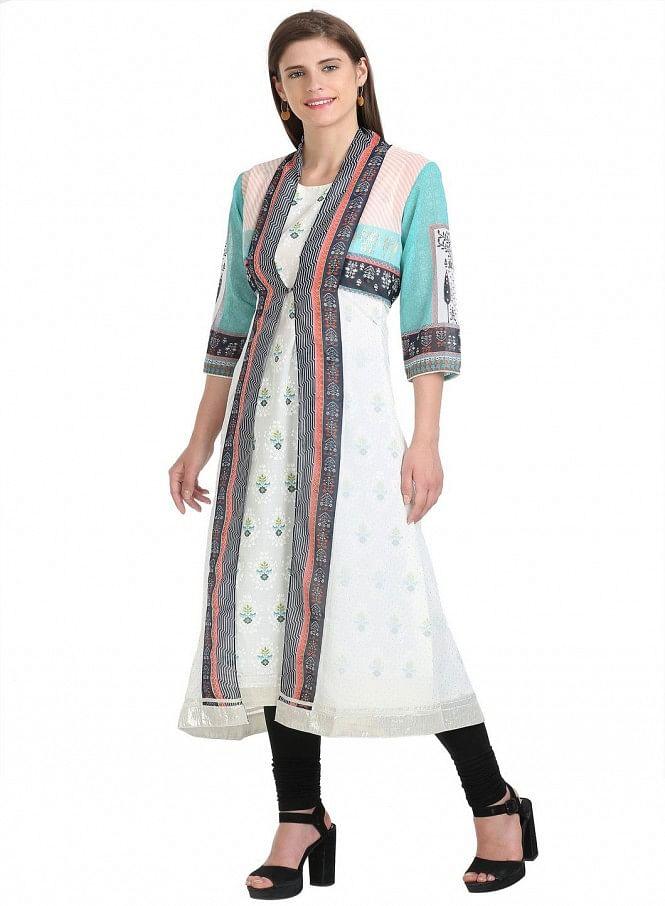 White Floral Print Sleeveless kurta With Gillet - wforwoman