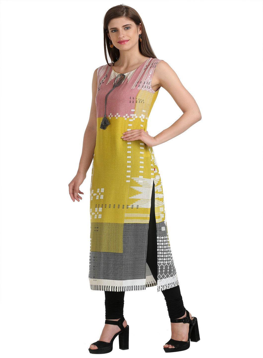 Yellow Sleeveless Printed kurta - wforwoman