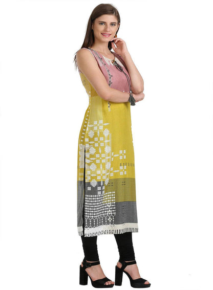 Yellow Sleeveless Printed kurta - wforwoman