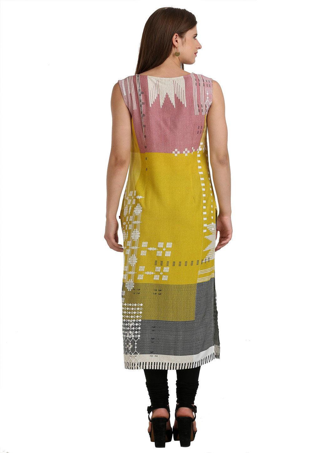 Yellow Sleeveless Printed kurta - wforwoman