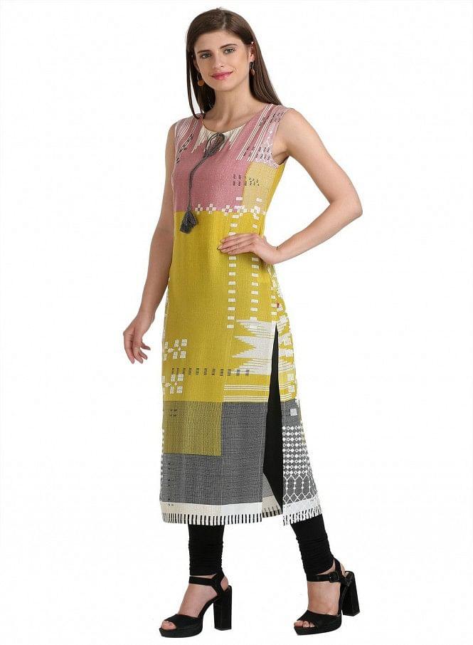 Yellow Sleeveless Printed kurta - wforwoman