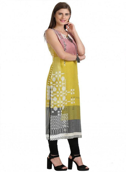 Yellow Sleeveless Printed kurta - wforwoman