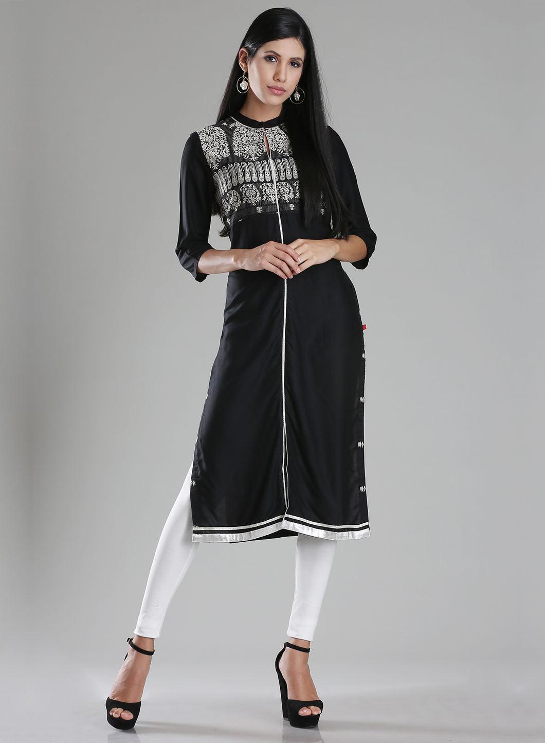 Black Mandarin Neck Printed kurta - wforwoman