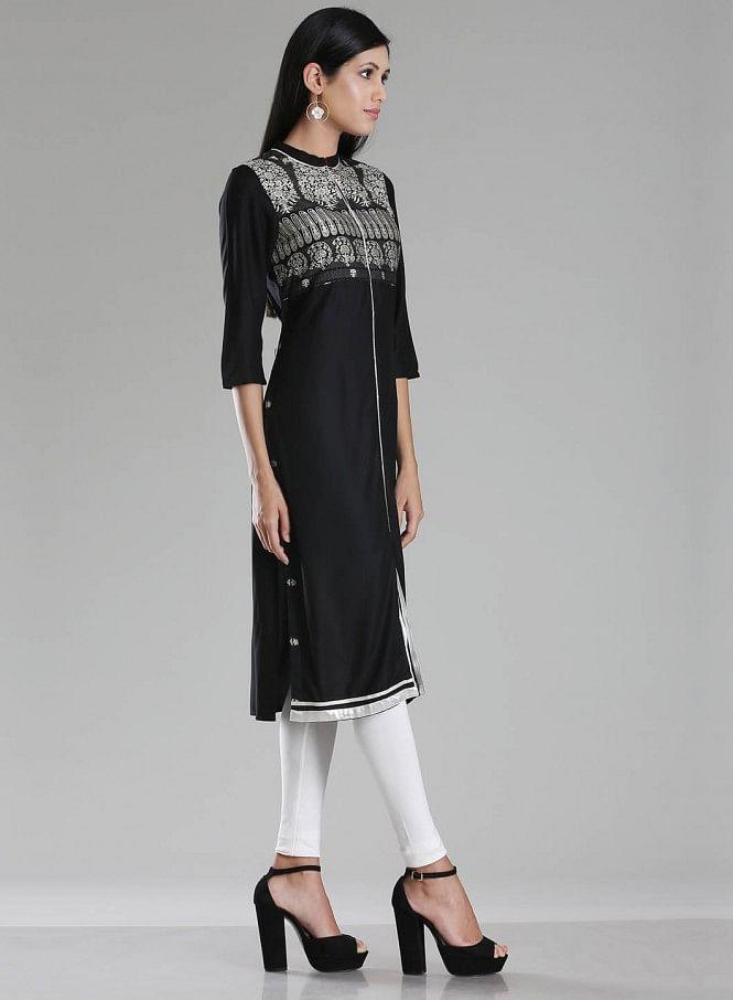 Black Mandarin Neck Printed kurta - wforwoman