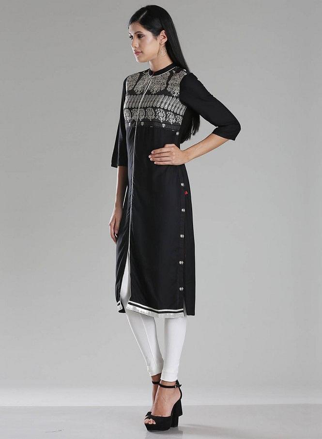 Black Mandarin Neck Printed kurta - wforwoman