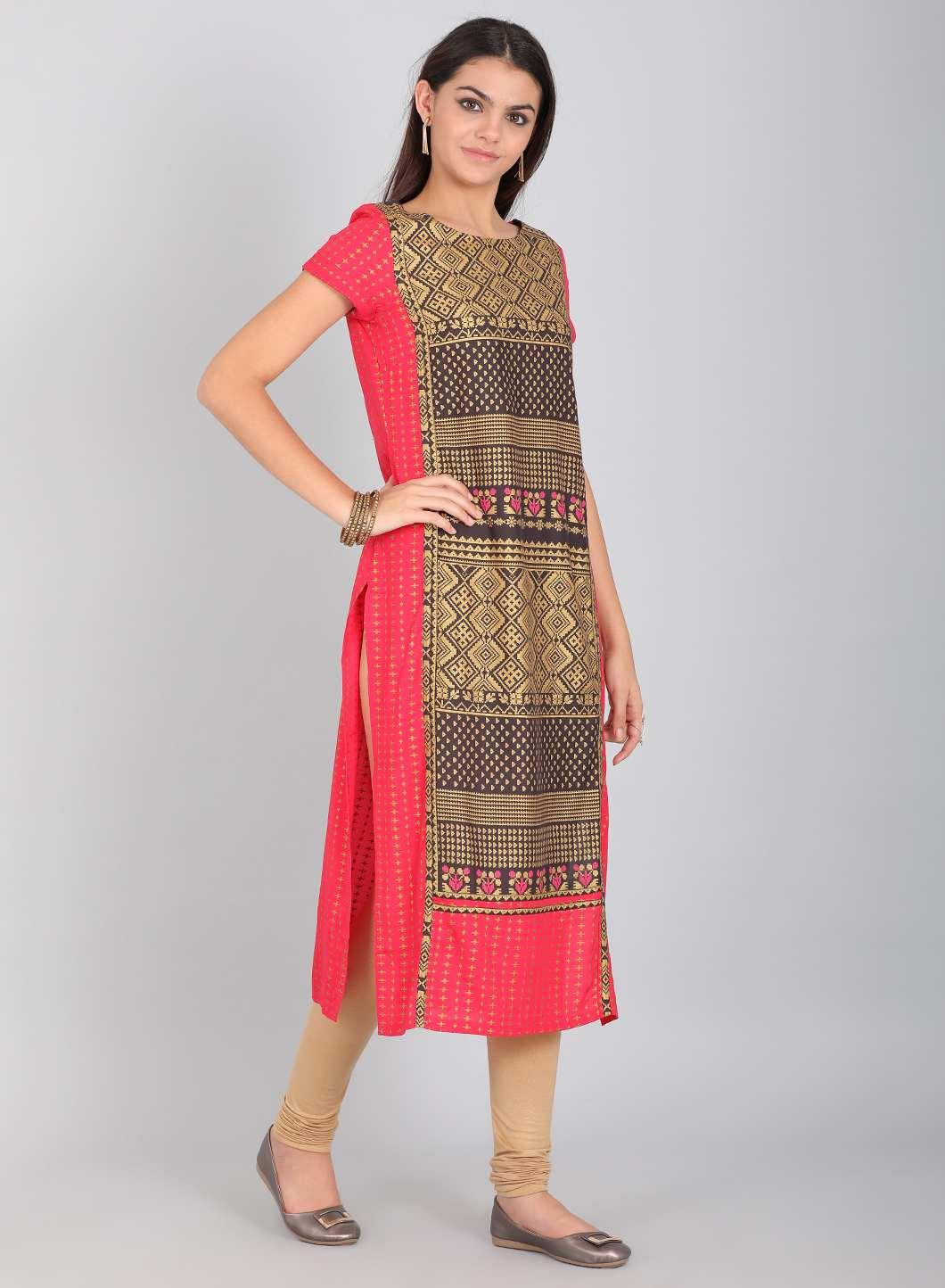 Black Round Neck Printed kurta - wforwoman