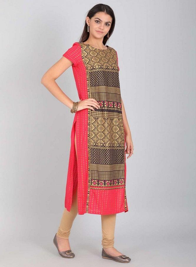 Black Round Neck Printed kurta - wforwoman