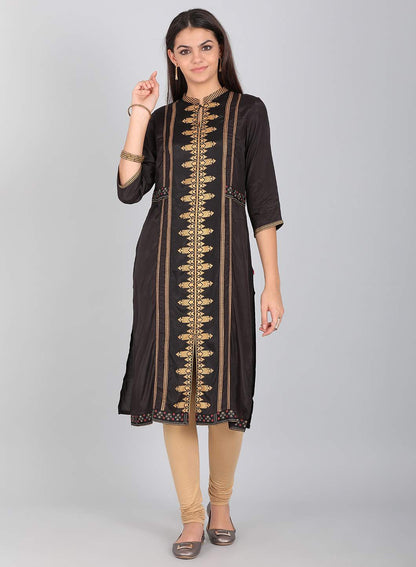 Black Mandarin Neck Printed kurta