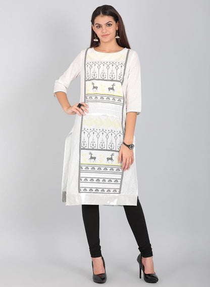 Ecru Round Neck Printed kurta - wforwoman