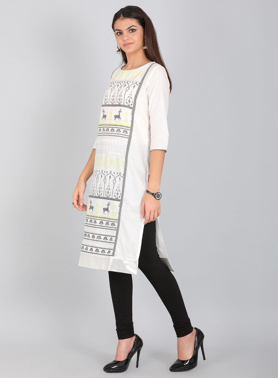 Ecru Round Neck Printed kurta - wforwoman