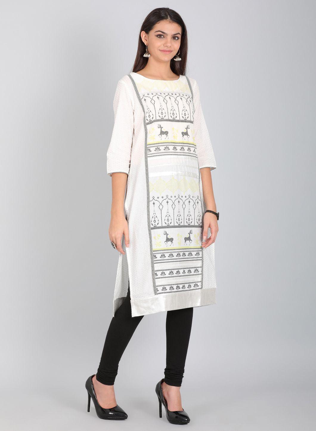 Ecru Round Neck Printed kurta - wforwoman