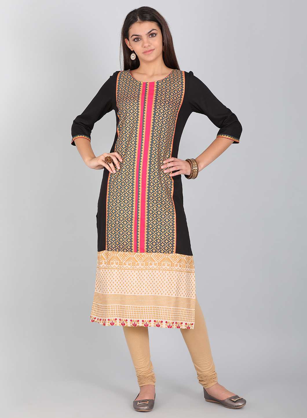 Ecru Round Neck Printed kurta