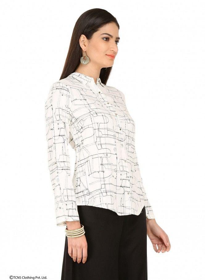 White Printed Full Sleeve Top - wforwoman