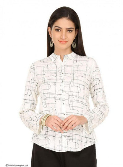 White Printed Full Sleeve Top - wforwoman