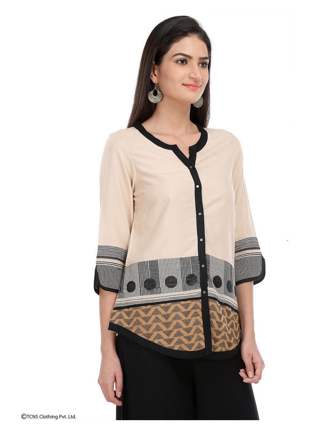 Beige Printed 3/4 Sleeve Top - wforwoman