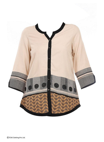 Beige Printed 3/4 Sleeve Top - wforwoman