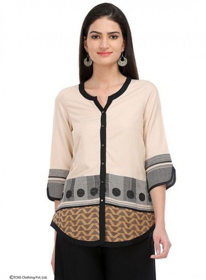 Beige Printed 3/4 Sleeve Top - wforwoman