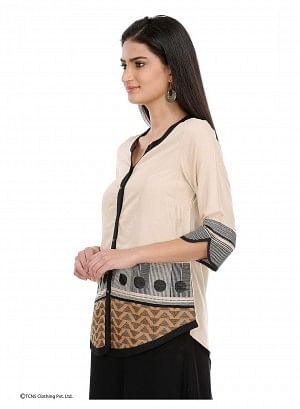 Beige Printed 3/4 Sleeve Top - wforwoman