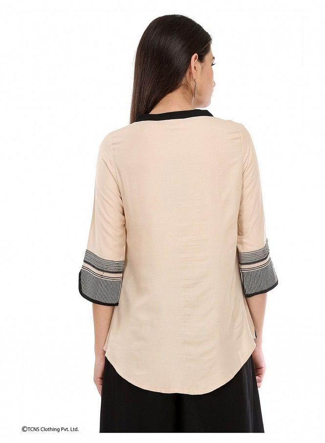 Beige Printed 3/4 Sleeve Top - wforwoman