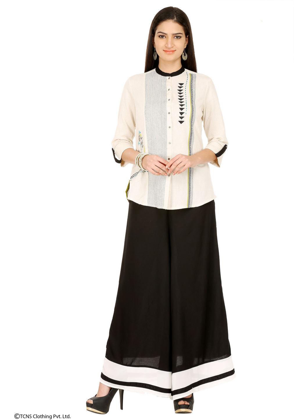 White Round Neck Printed kurta - wforwoman