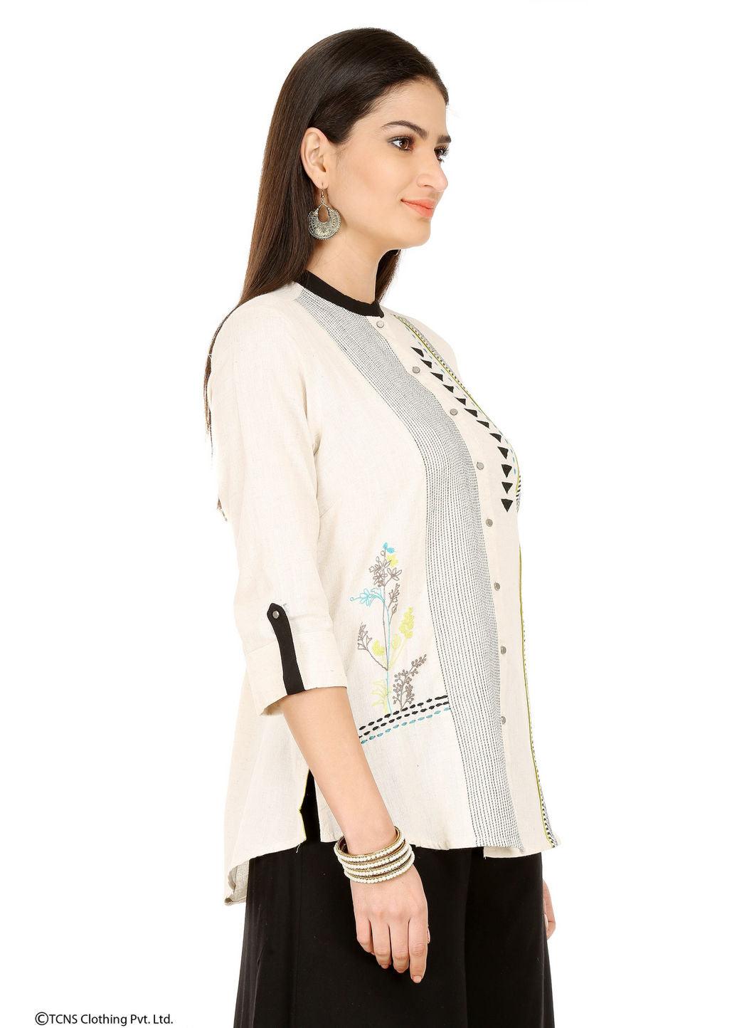 White Round Neck Printed kurta - wforwoman