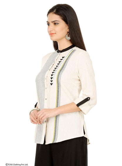 White Round Neck Printed kurta - wforwoman