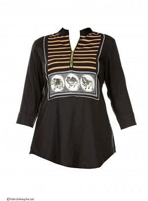 Black Printed 3/4 Sleeve Top - wforwoman