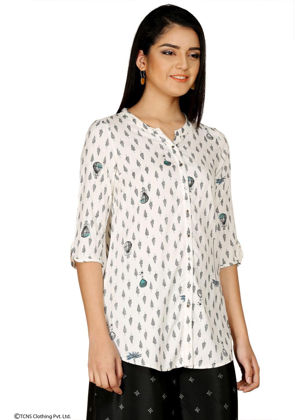 White Printed 3/4 Sleeve Top - wforwoman