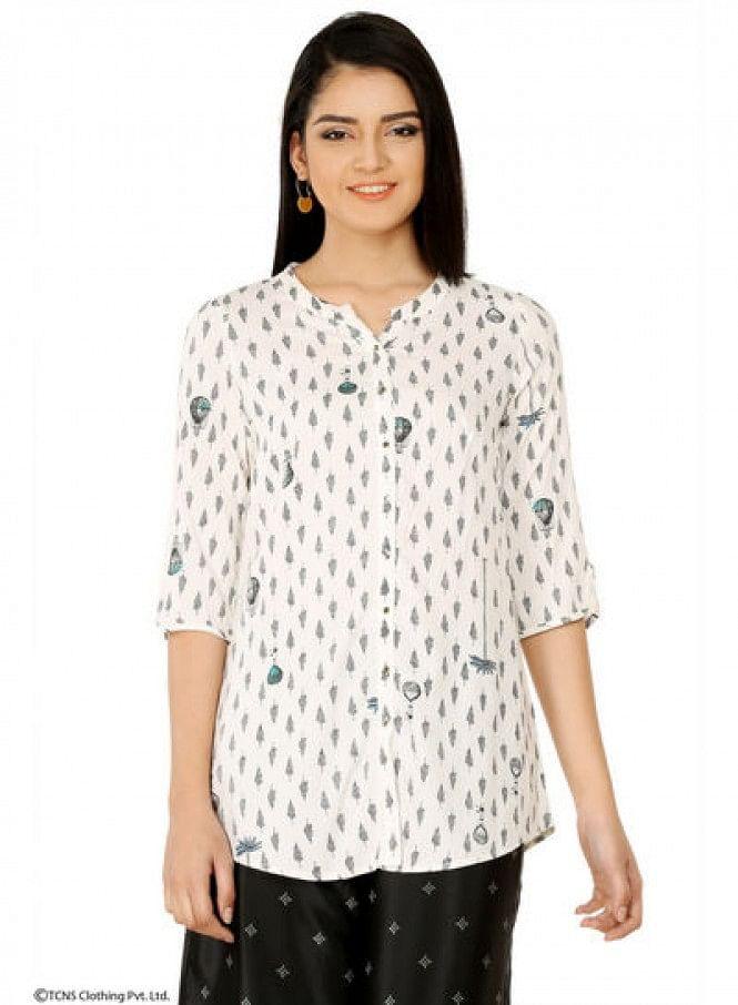 White Printed 3/4 Sleeve Top - wforwoman