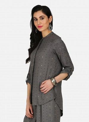 Grey Mandarin Neck Printed Top - wforwoman