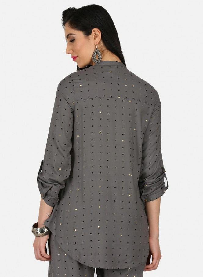 Grey Mandarin Neck Printed Top - wforwoman