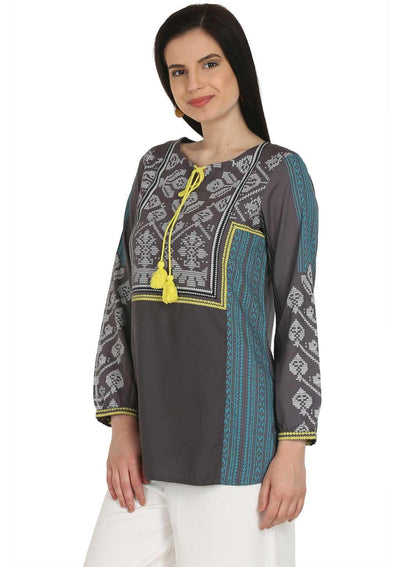 Grey Full Sleeve Printed Top - wforwoman