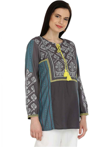 Grey Full Sleeve Printed Top - wforwoman