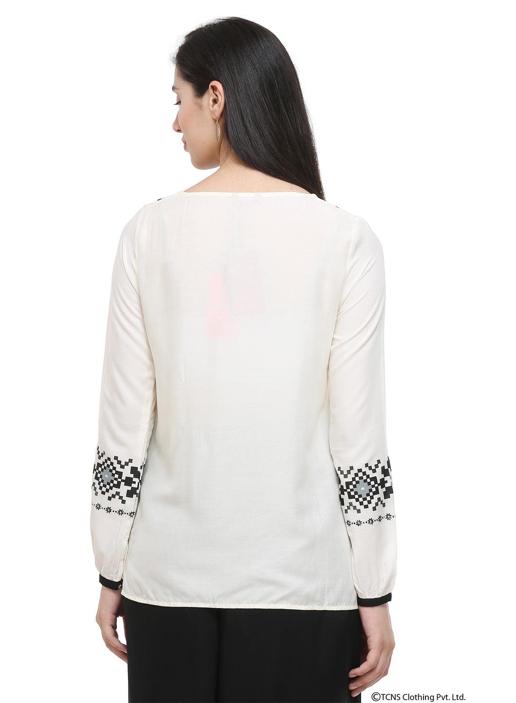 White Printed Round Neck Top - wforwoman