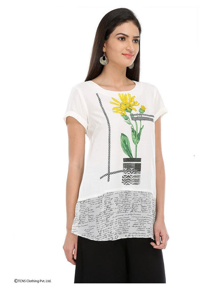 White Mandarin Neck Printed kurta - wforwoman