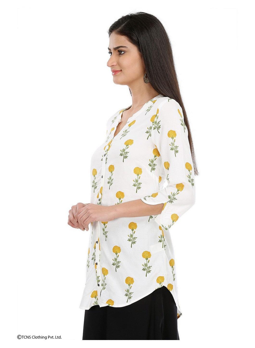 White Printed 3/4 Sleeve Top - wforwoman