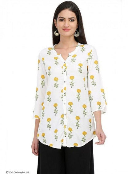 White Printed 3/4 Sleeve Top - wforwoman