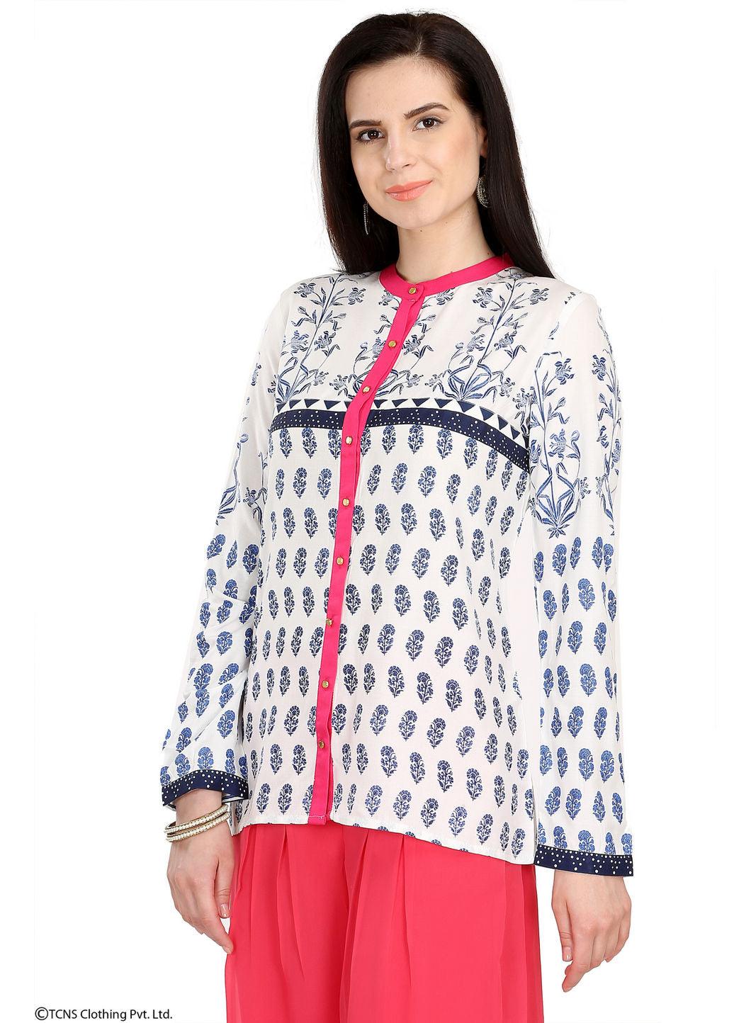 White Printed Full Sleeve Top - wforwoman