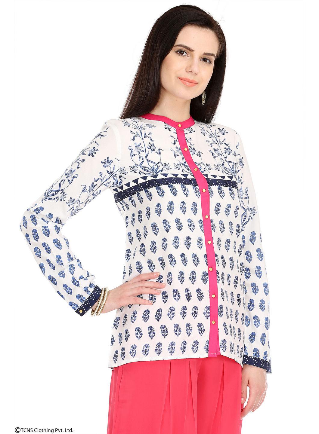 White Printed Full Sleeve Top - wforwoman