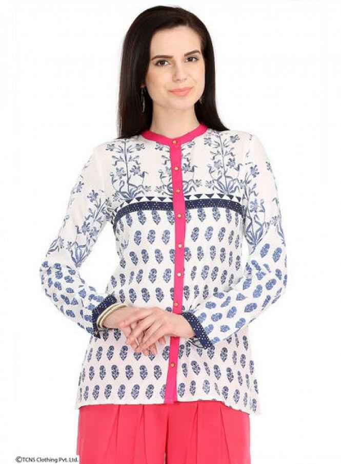 White Printed Full Sleeve Top - wforwoman