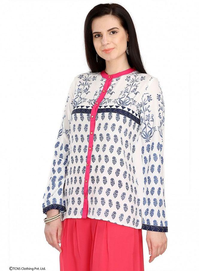 White Printed Full Sleeve Top - wforwoman