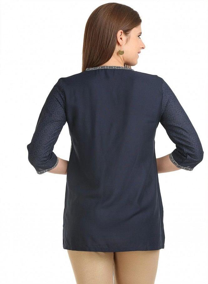 Navy Blue Printed 3/4 Sleeve Gillet - wforwoman